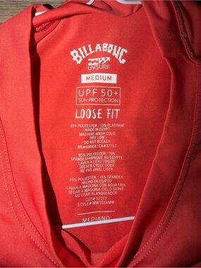 Billabong Coral Red Loose Fit UPF Rash Guard